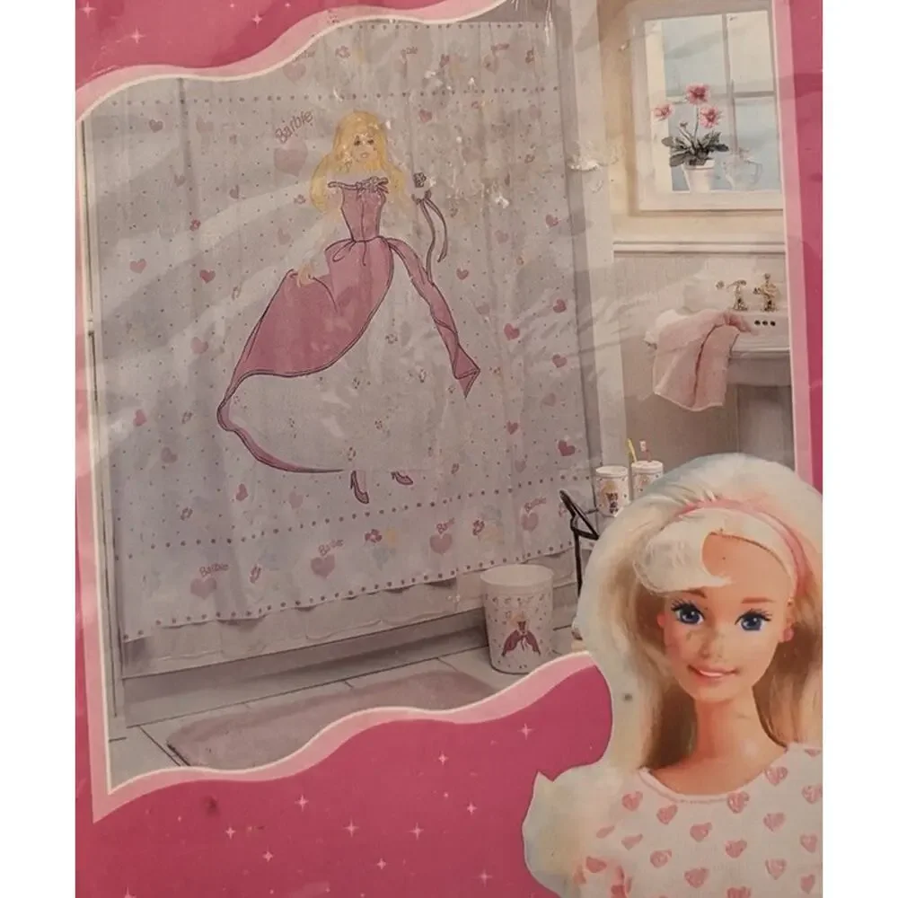 New Vintage Barbie Shower Curtain 70x72 Pink White Vinyl Blonde Pink Dress 90's